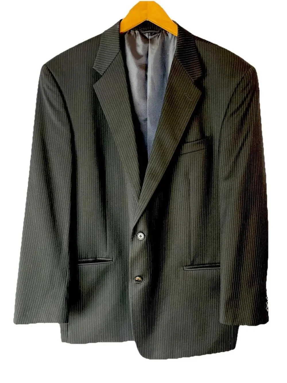 Men’s Pierre Cardin 100% Wool Black Pinstripe Suit Coat Size 46 R